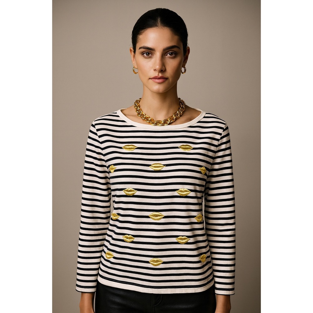 Betsey Johnson Knit Top Pullover Striped Embroidered gold lips women size Large
